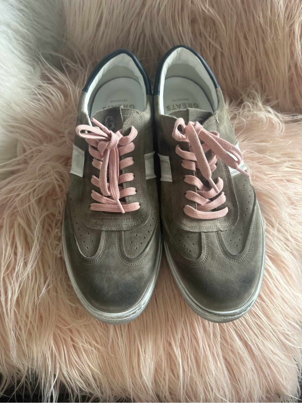 Greats Taupe Suede Sneakers with Pink Laces